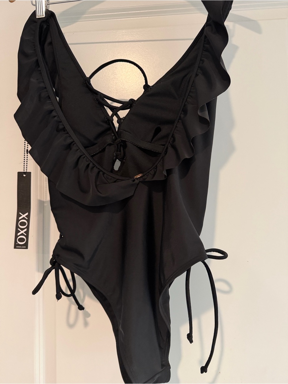 XOXO Black Ruffle One-Piece Swimsuit with Lace-Up Back